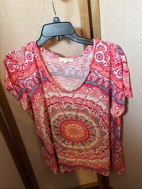 Farmers Market Pink Patterned Scoop Neck Women's Top XL